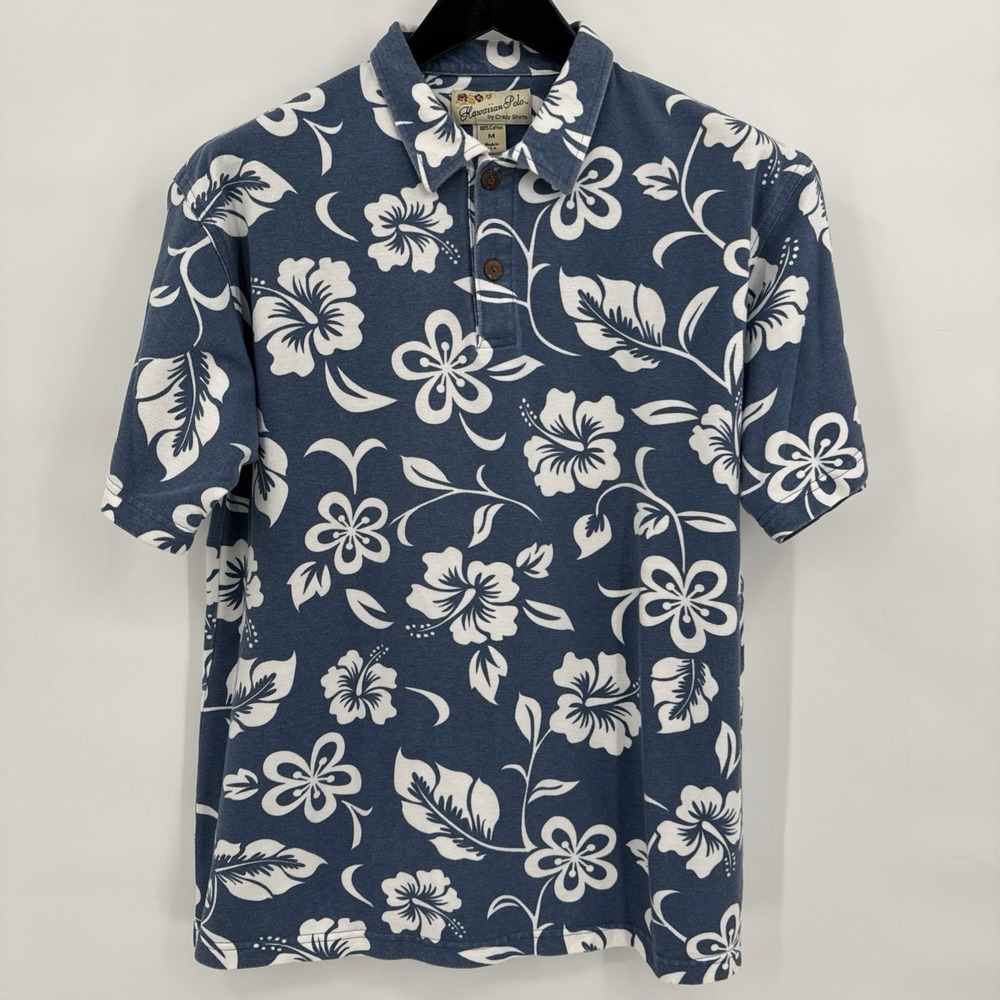 Crazy Shirts Size M VTG 100% Cotton Blue & White Floral Hawaiian Polo Shirt - Picture 13 of 13